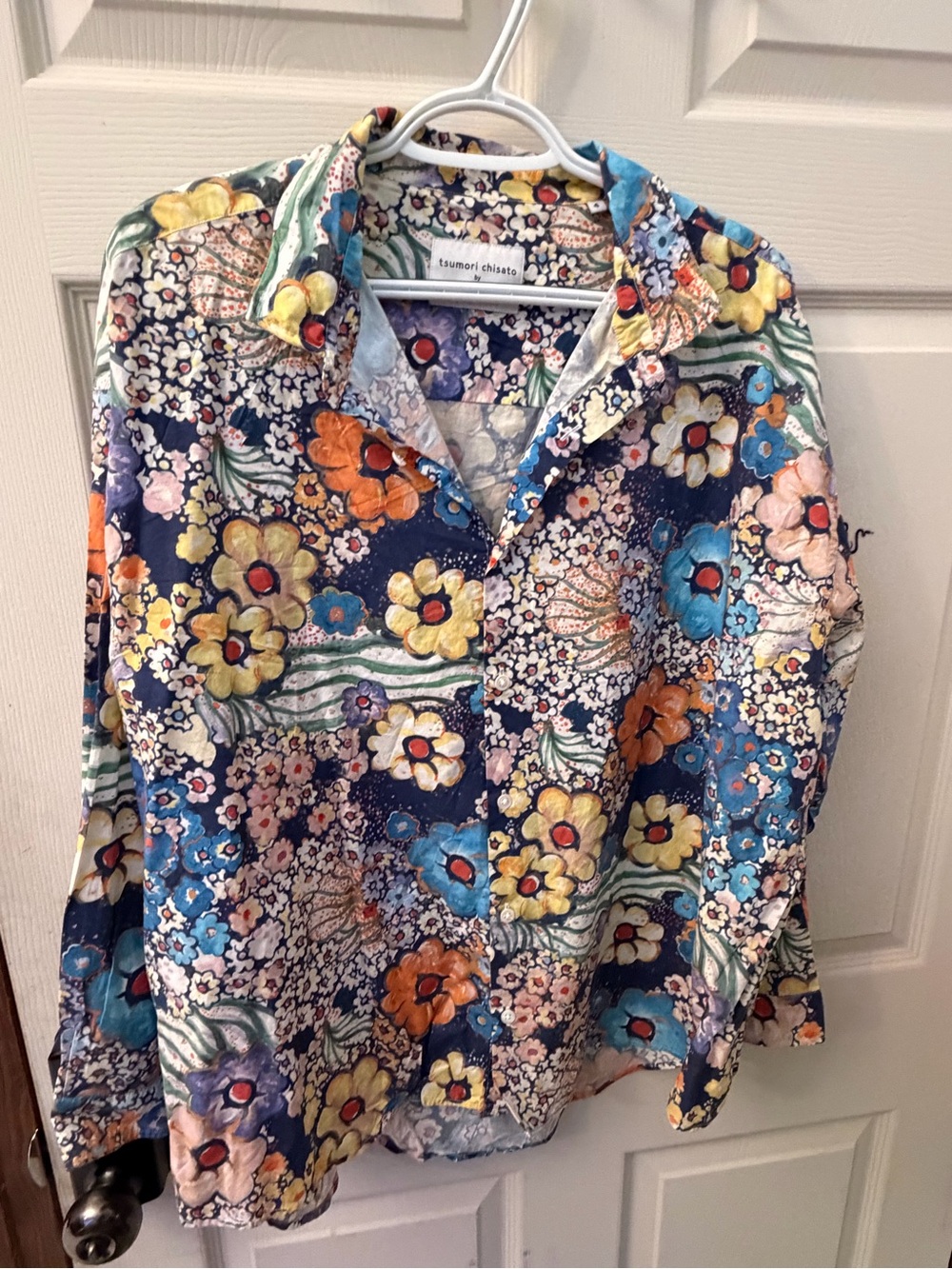 Tsumori Chisato Floral Button-Up Shirt in Navy, Yellow, Blue and Orange
